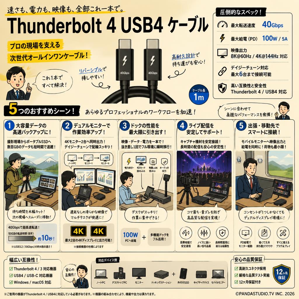 Thunderbolt 4 USB4 ケーブル 40Gbps 100W/5A 1m 用途