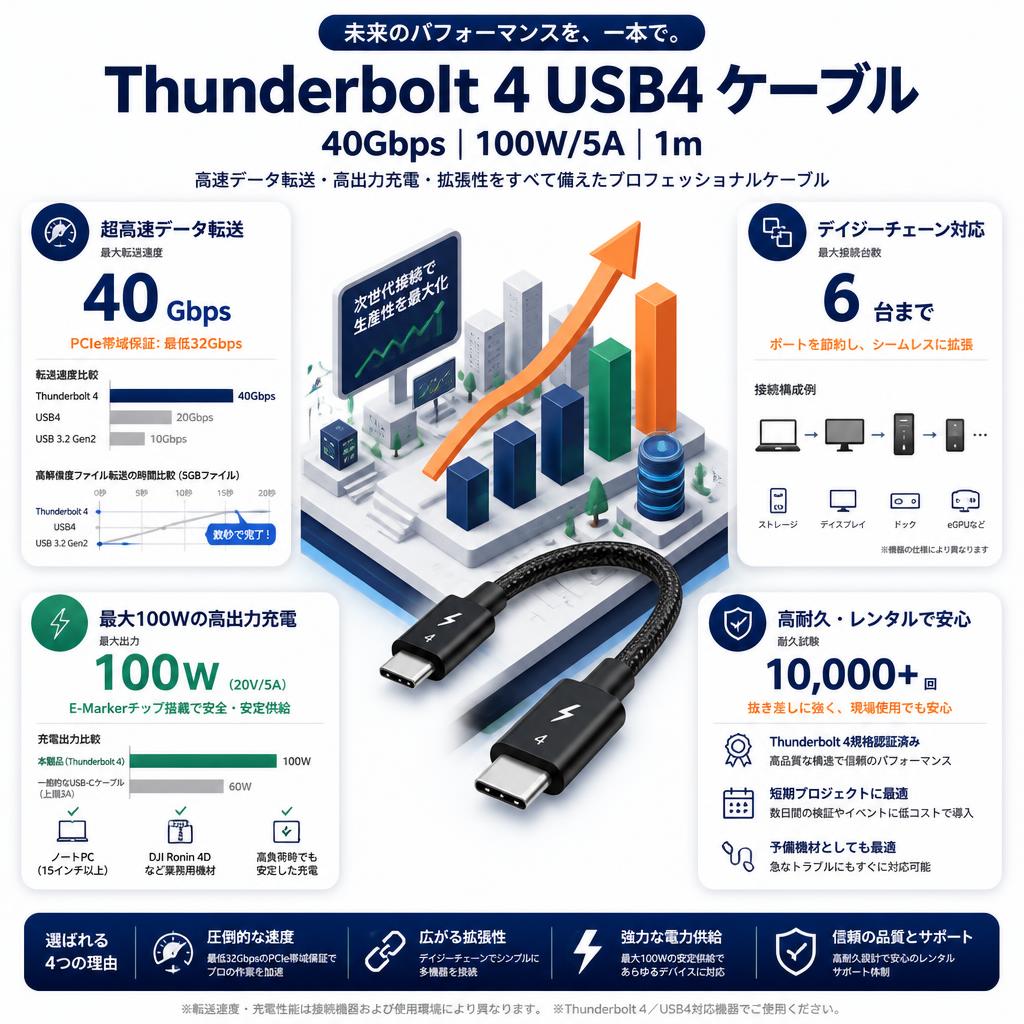 Thunderbolt 4 USB4 ケーブル 40Gbps 100W/5A 1m セールスポイント