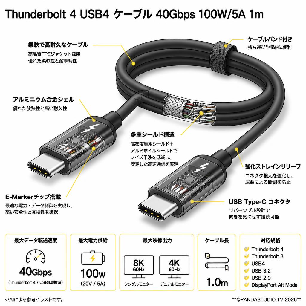 Thunderbolt 4 USB4 ケーブル 40Gbps 100W/5A 1m スペック