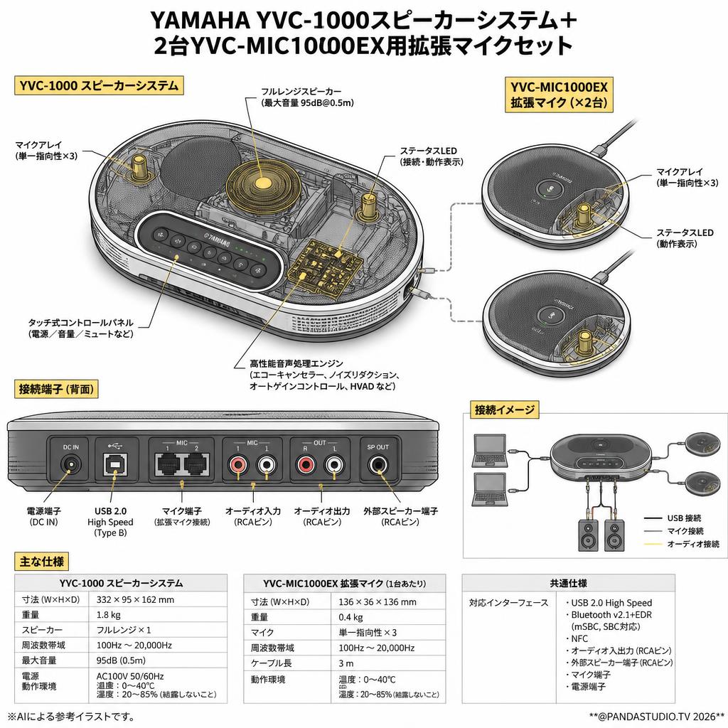 YAMAHA YVC-1000スピーカーシステム＋ 2台YVC-MIC1000EX用拡張マイクセット スペック