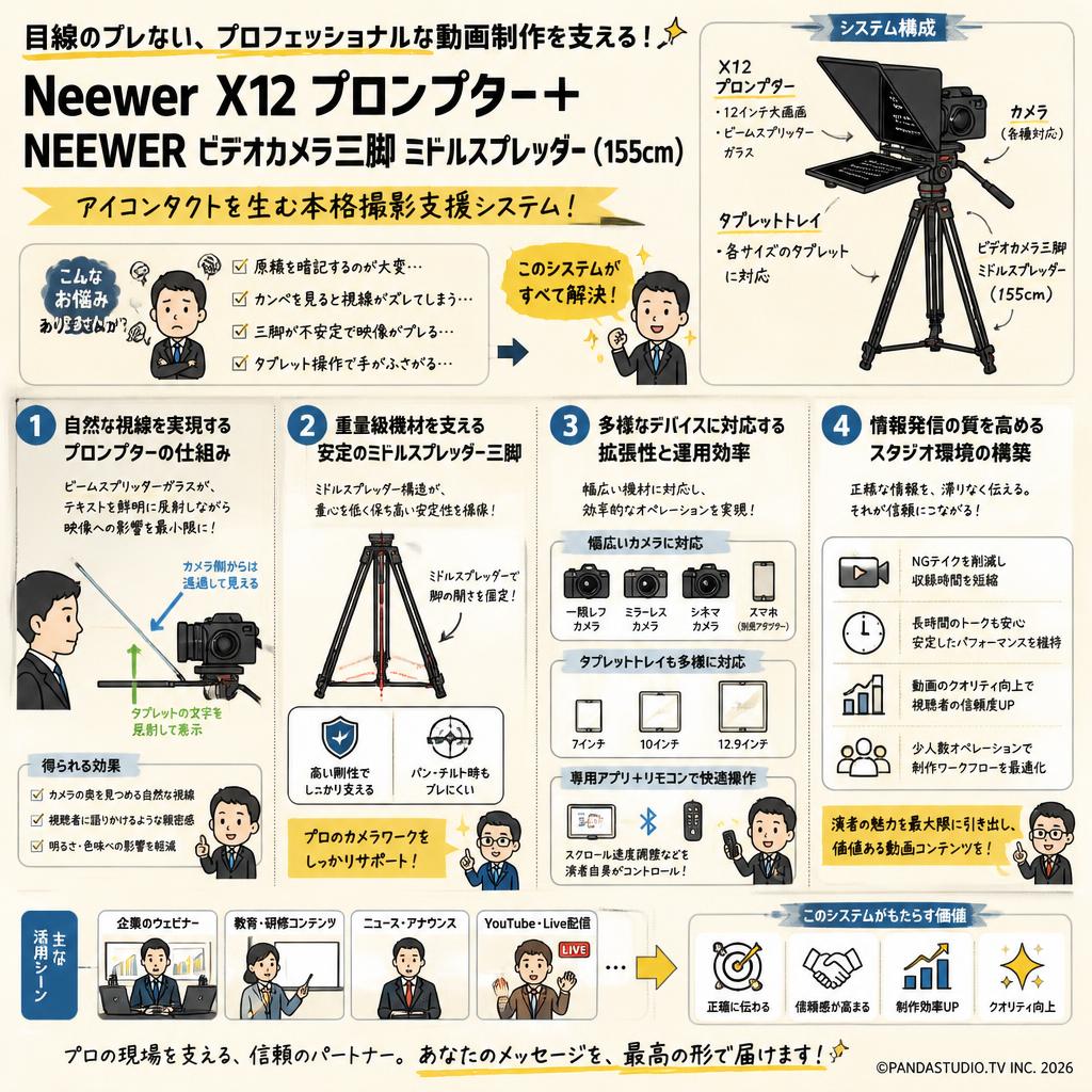 Neewer X12 プロンプター＋NEEWER ビデオカメラ三脚 ミドルスプレッダー(155cm) 概要