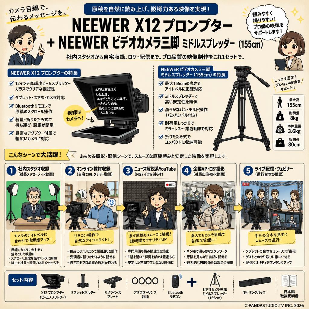Neewer X12 プロンプター＋NEEWER ビデオカメラ三脚 ミドルスプレッダー(155cm) 用途