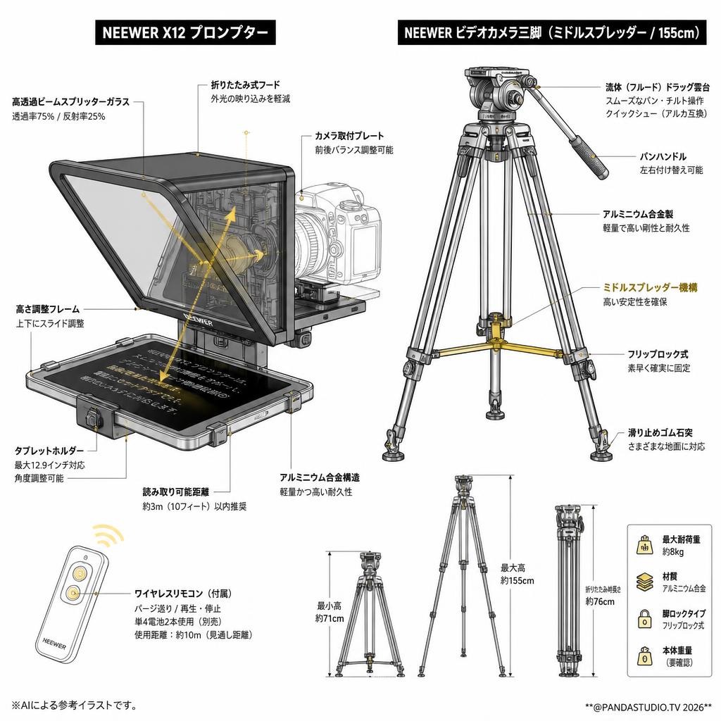 Neewer X12 プロンプター＋NEEWER ビデオカメラ三脚 ミドルスプレッダー(155cm) スペック