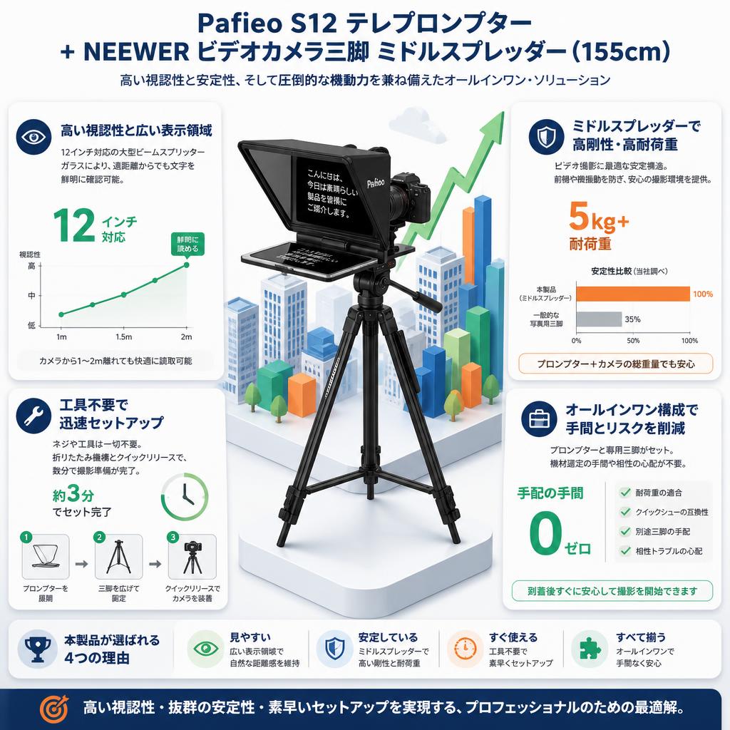 Pafieo S12 テレプロンプター＋NEEWER ビデオカメラ三脚 ミドルスプレッダー(155cm) セールスポイント