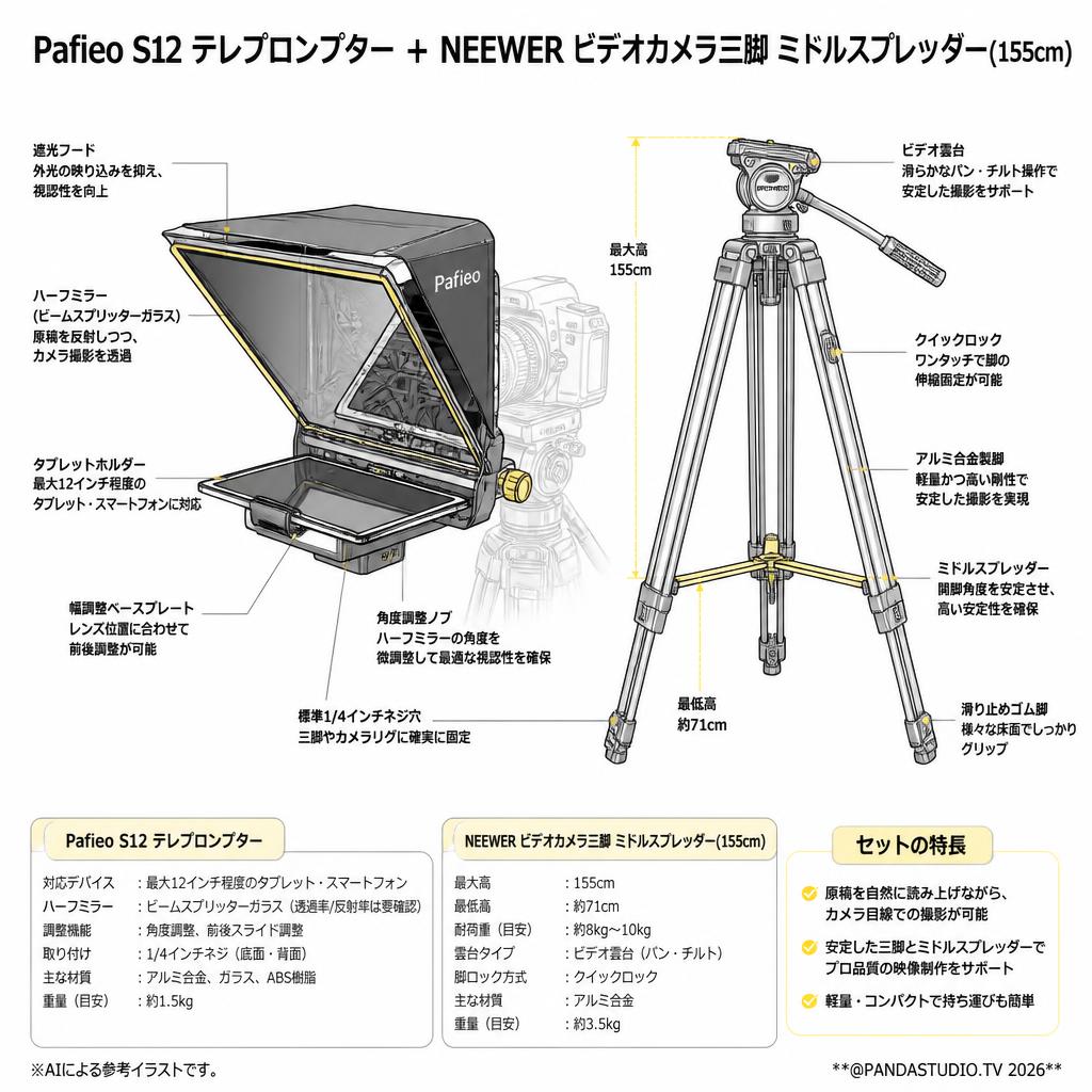 Pafieo S12 テレプロンプター＋NEEWER ビデオカメラ三脚 ミドルスプレッダー(155cm) スペック