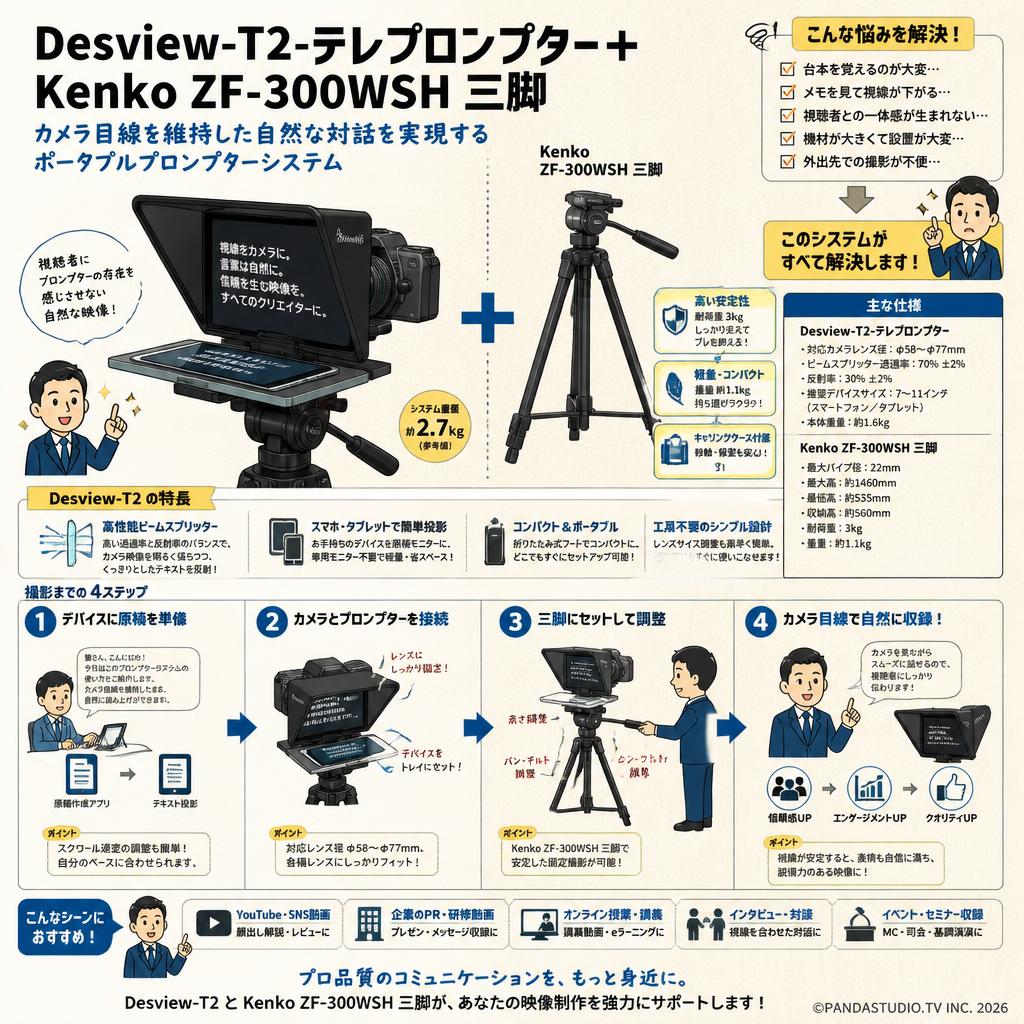 Desview-T2-テレプロンプター＋Kenko ZF-300WSH 三脚 概要