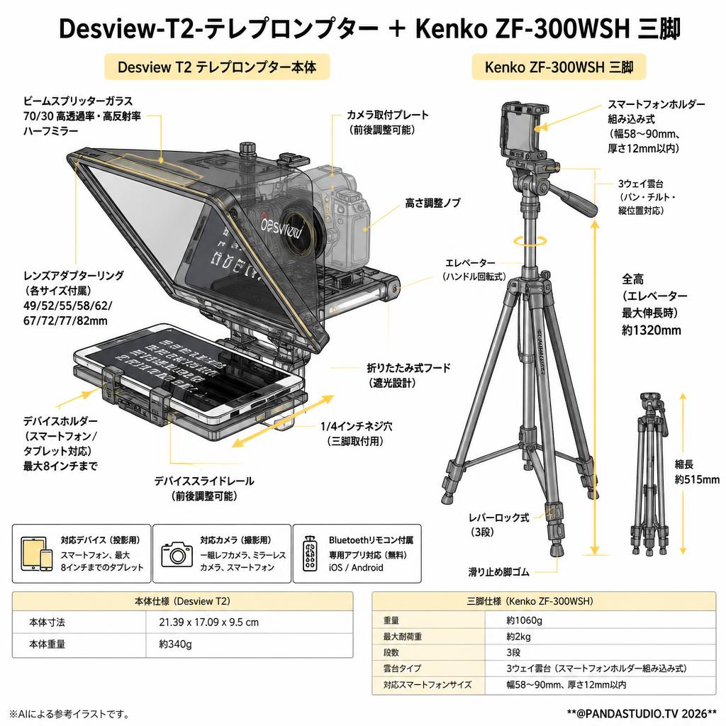 Desview-T2-テレプロンプター＋Kenko ZF-300WSH 三脚 スペック