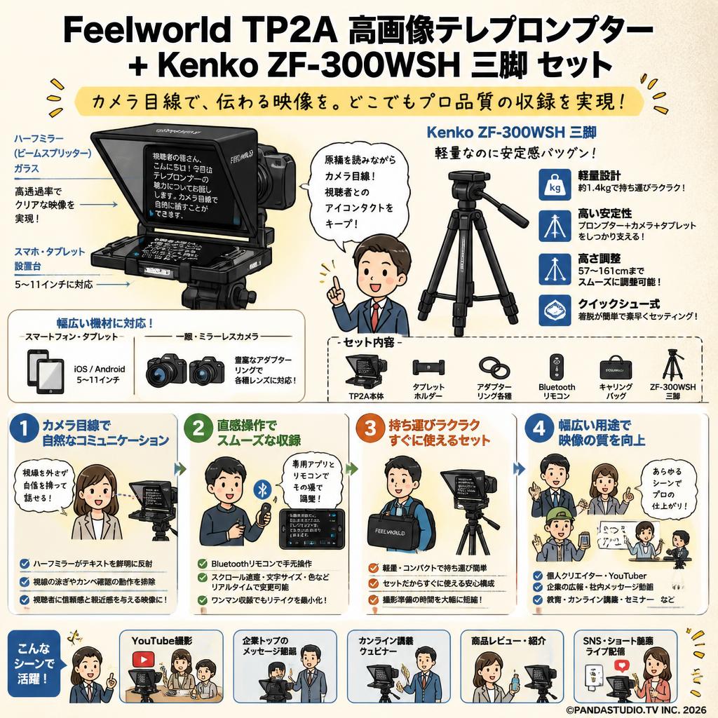Feelworld TP2A 高画像テレプロンプター＋Kenko ZF-300WSH 三脚 概要