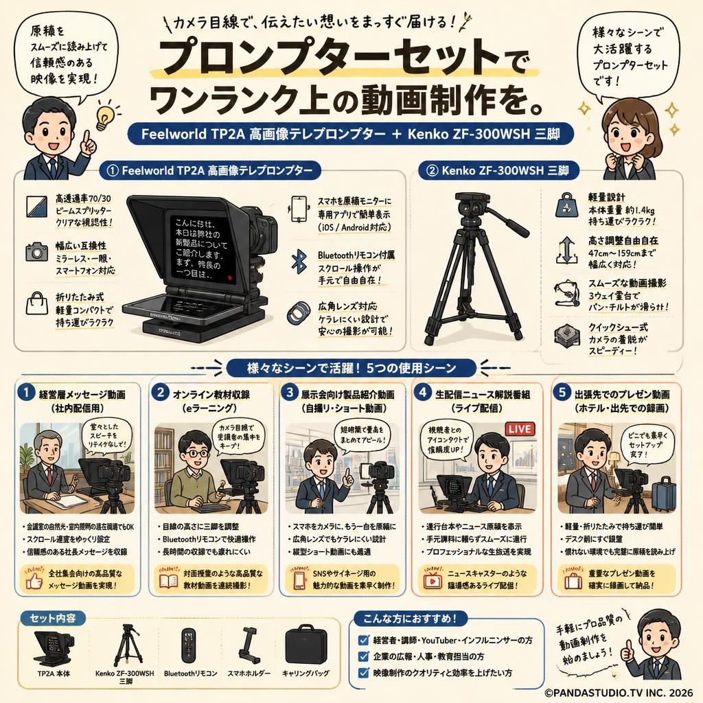 Feelworld TP2A 高画像テレプロンプター＋Kenko ZF-300WSH 三脚 用途