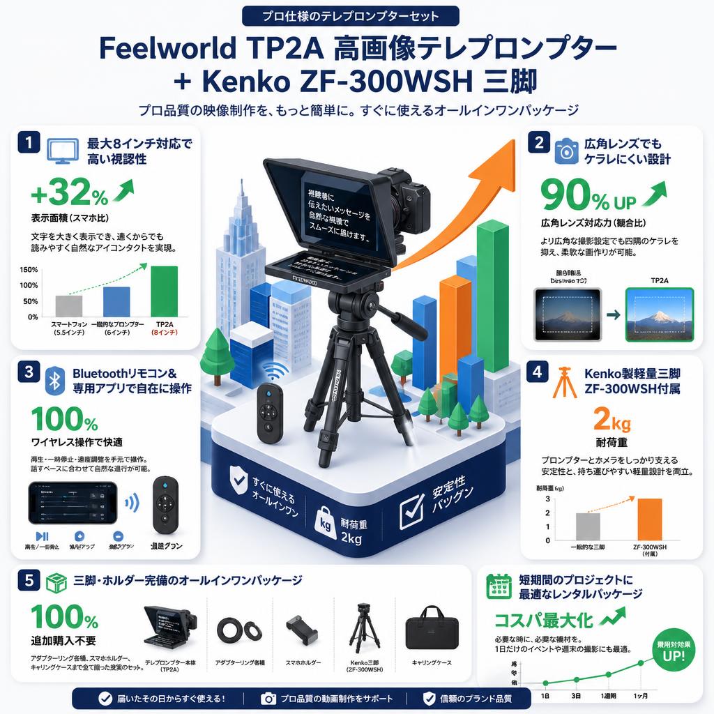 Feelworld TP2A 高画像テレプロンプター＋Kenko ZF-300WSH 三脚 セールスポイント