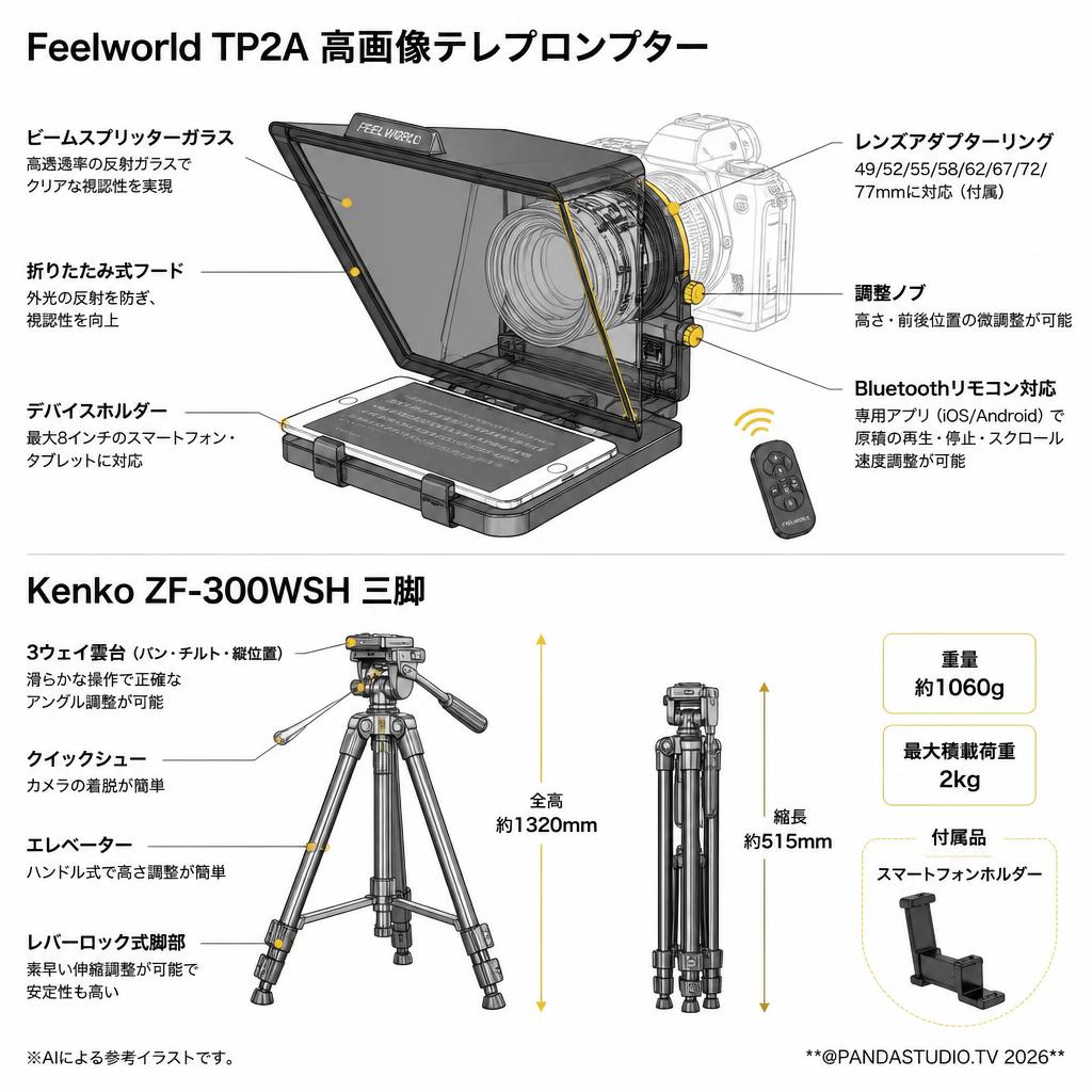 Feelworld TP2A 高画像テレプロンプター＋Kenko ZF-300WSH 三脚 スペック