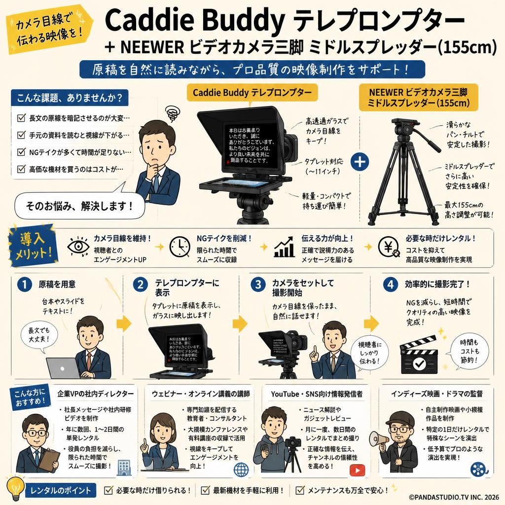 Caddie Buddy テレプロンプター ＋ NEEWER ビデオカメラ三脚 ミドルスプレッダー(155cm) おもな対象のお客様