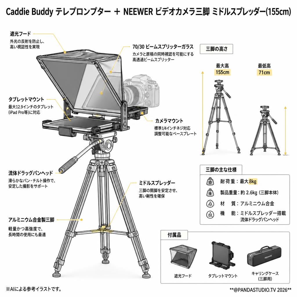 Caddie Buddy テレプロンプター ＋ NEEWER ビデオカメラ三脚 ミドルスプレッダー(155cm) スペック