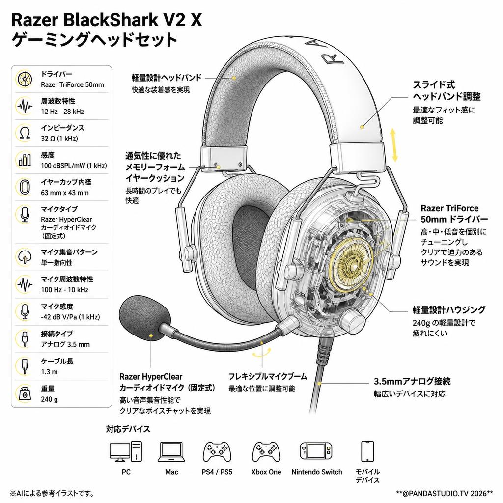 Razer BlackShark V2 X ゲーミングヘッドセット スペック