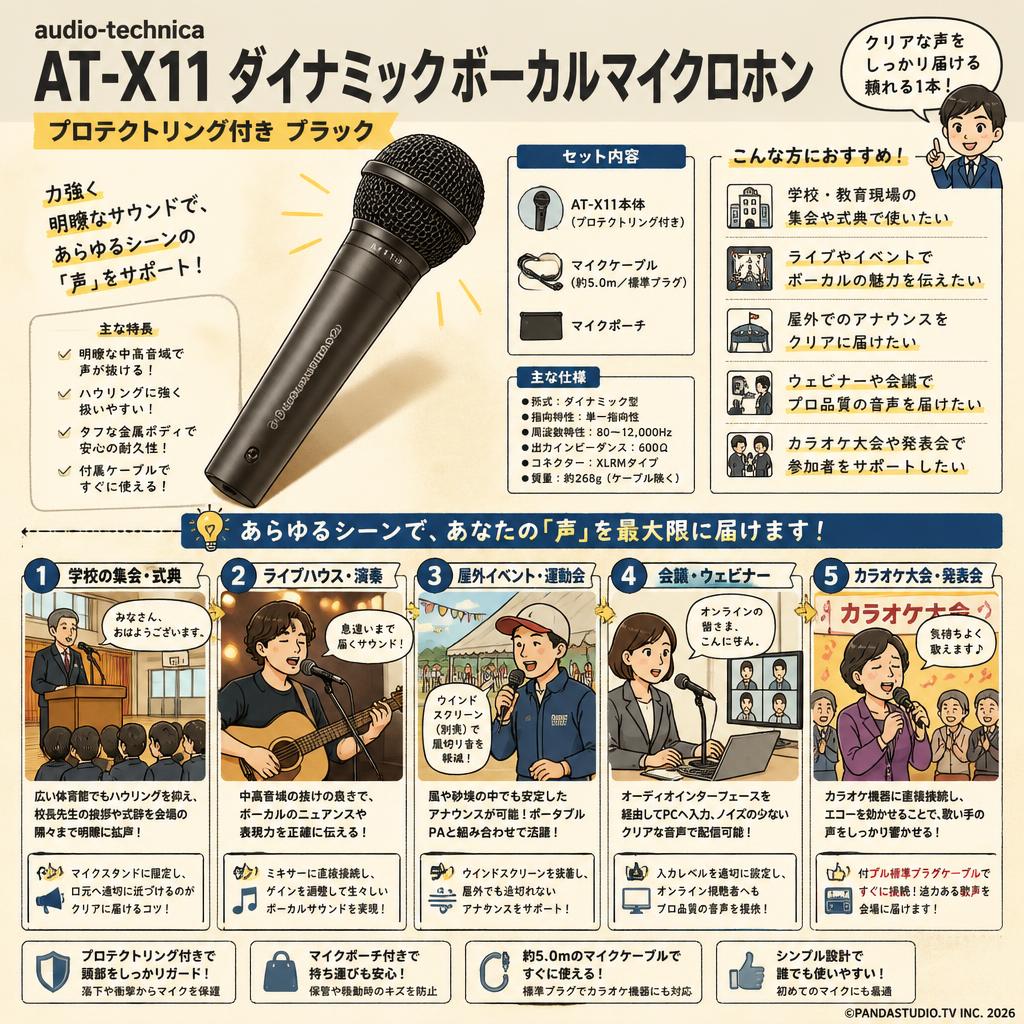 audio-technica AT-X11 ダイナミックボーカルマイクロホン プロテクトリング付き ブラック 用途