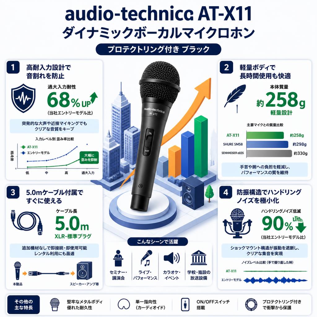 audio-technica AT-X11 ダイナミックボーカルマイクロホン プロテクトリング付き ブラック セールスポイント