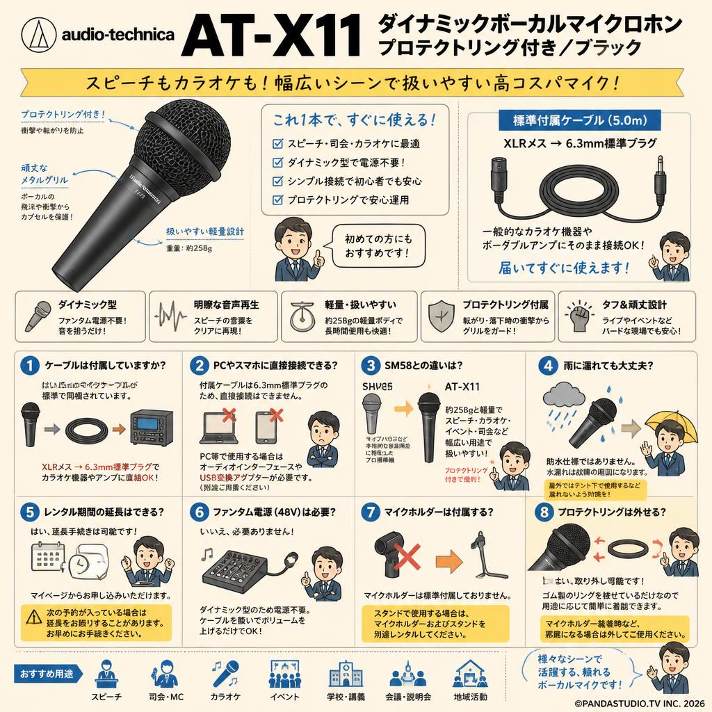audio-technica AT-X11 ダイナミックボーカルマイクロホン プロテクトリング付き ブラック FAQ（よくある質問と答え）