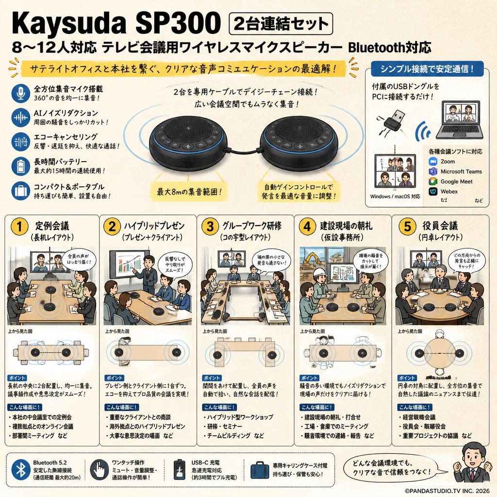 Kaysuda SP300  2台連結セット 8~12人対応 テレビ会議用ワイヤレスマイクスピーカー Bluetooth対応 用途