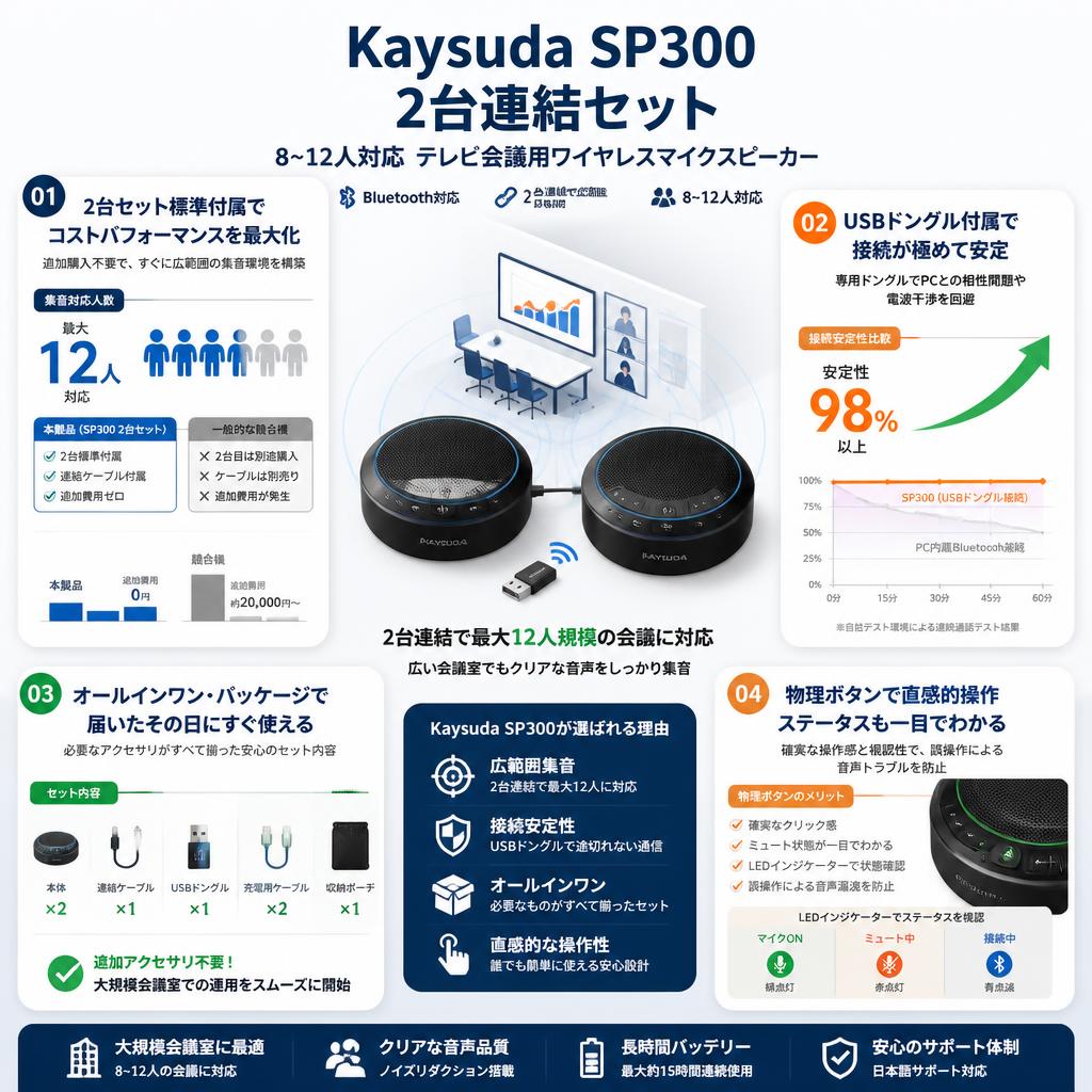 Kaysuda SP300  2台連結セット 8~12人対応 テレビ会議用ワイヤレスマイクスピーカー Bluetooth対応 セールスポイント