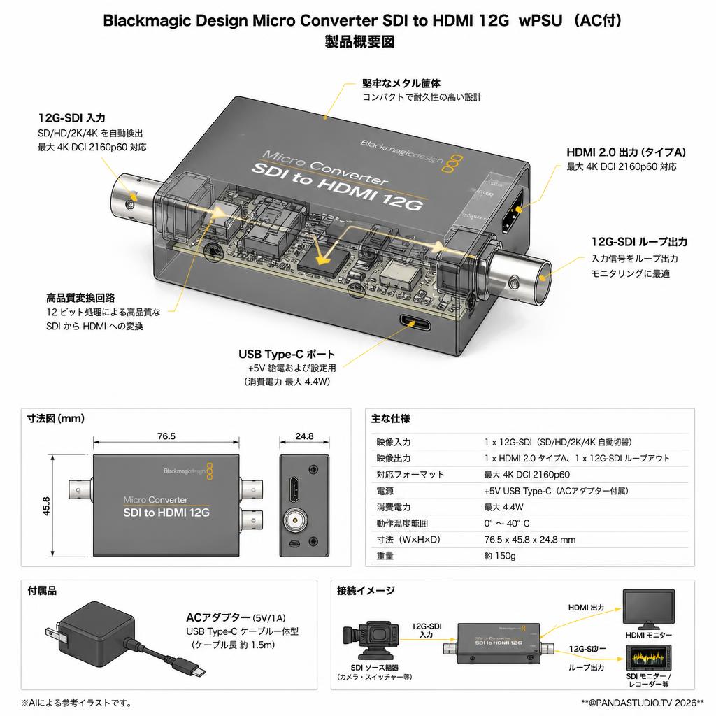Blackmagic Design Micro Converter SDI to HDMI 12G  wPSU（AC付） スペック