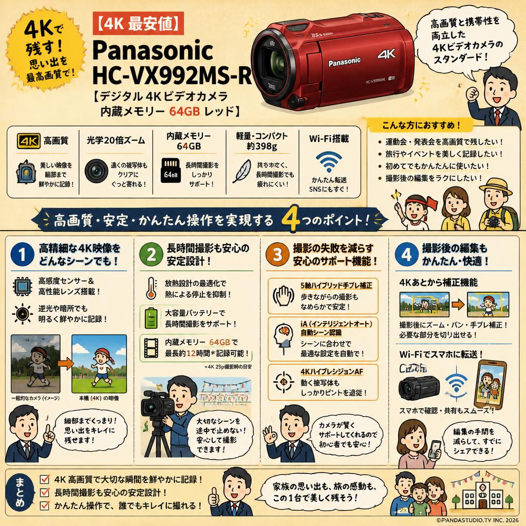 【4K 最安値】Panasonic HC-VX992MS-R [デジタル4Kビデオカメラ 内蔵メモリー 64GB レッド] 概要