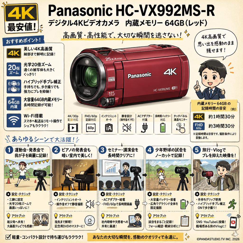 【4K 最安値】Panasonic HC-VX992MS-R [デジタル4Kビデオカメラ 内蔵メモリー 64GB レッド] 用途
