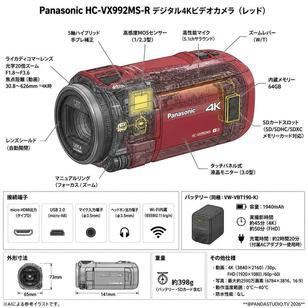 【4K 最安値】Panasonic HC-VX992MS-R [デジタル4Kビデオカメラ 内蔵メモリー 64GB レッド] スペック