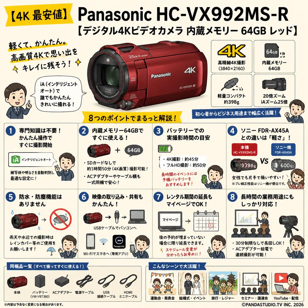 【4K 最安値】Panasonic HC-VX992MS-R [デジタル4Kビデオカメラ 内蔵メモリー 64GB レッド] FAQ（よくある質問と答え）