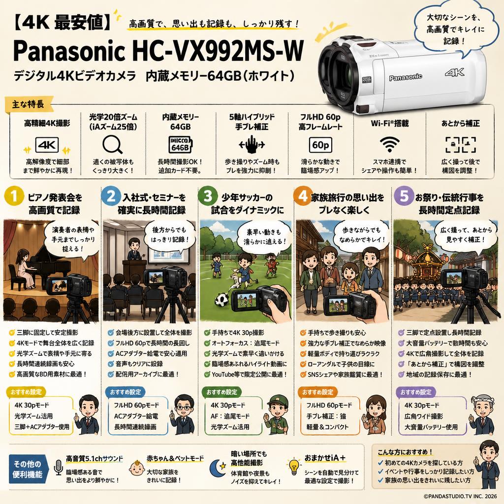 【4K 最安値】Panasonic HC-VX992MS-W [デジタル4Kビデオカメラ 内蔵メモリー 64GB ホワイト] 用途