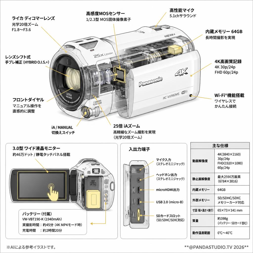 【4K 最安値】Panasonic HC-VX992MS-W [デジタル4Kビデオカメラ 内蔵メモリー 64GB ホワイト] スペック