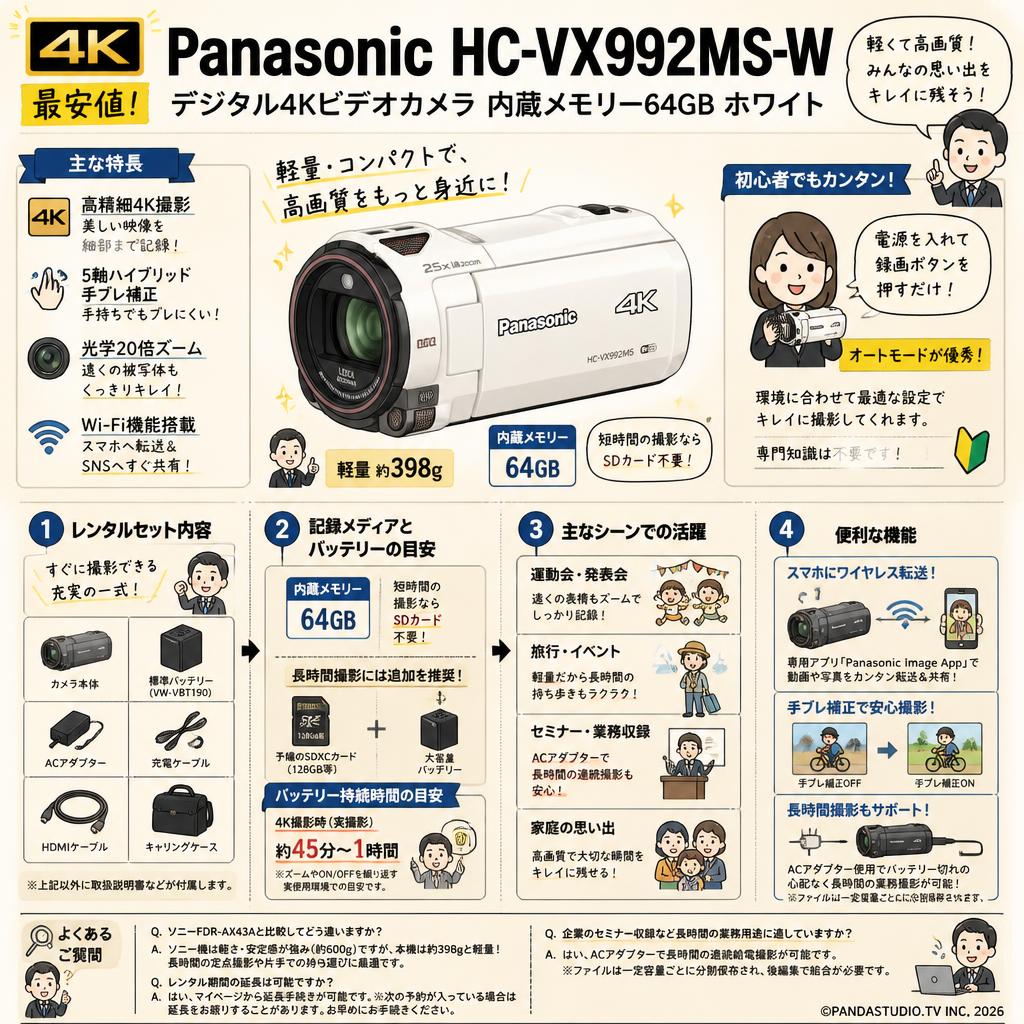 【4K 最安値】Panasonic HC-VX992MS-W [デジタル4Kビデオカメラ 内蔵メモリー 64GB ホワイト] FAQ（よくある質問と答え）