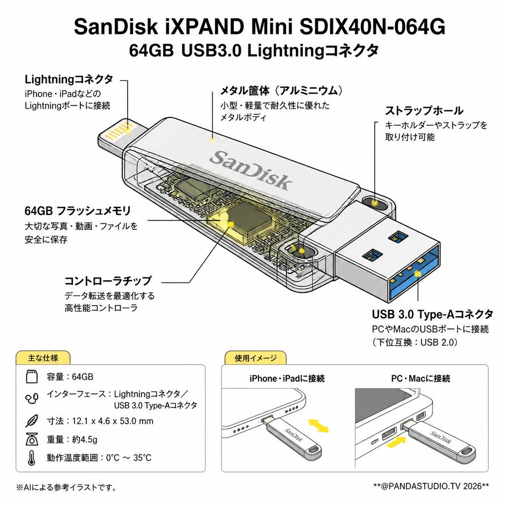 SanDisk iXPAND Mini SDIX40N-064G 64GB USB3.0 Lighningコネクタ スペック