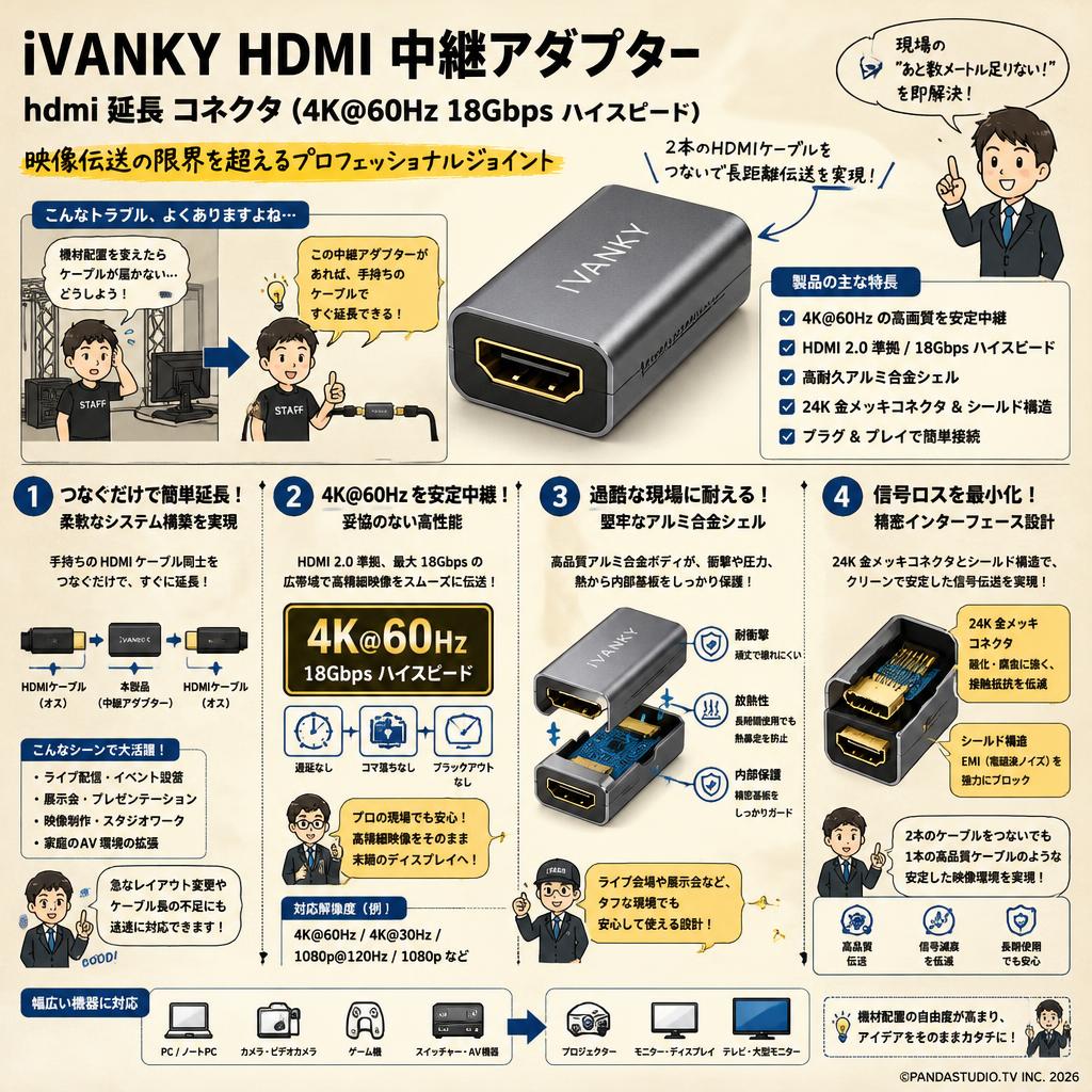iVANKY HDMI 中継アダプター hdmi 延長 コネクタ（4K@60Hz 18Gbps ハイスピード) 概要