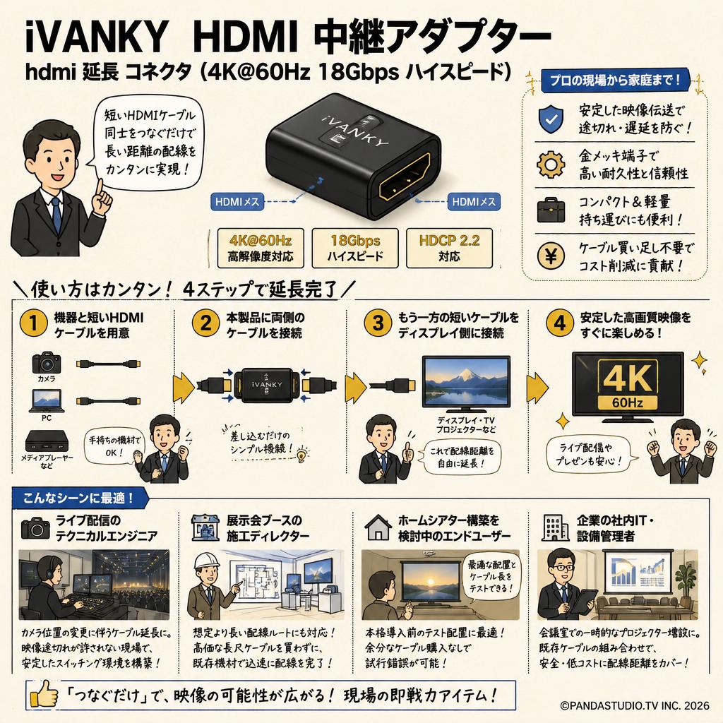 iVANKY HDMI 中継アダプター hdmi 延長 コネクタ（4K@60Hz 18Gbps ハイスピード) おもな対象のお客様