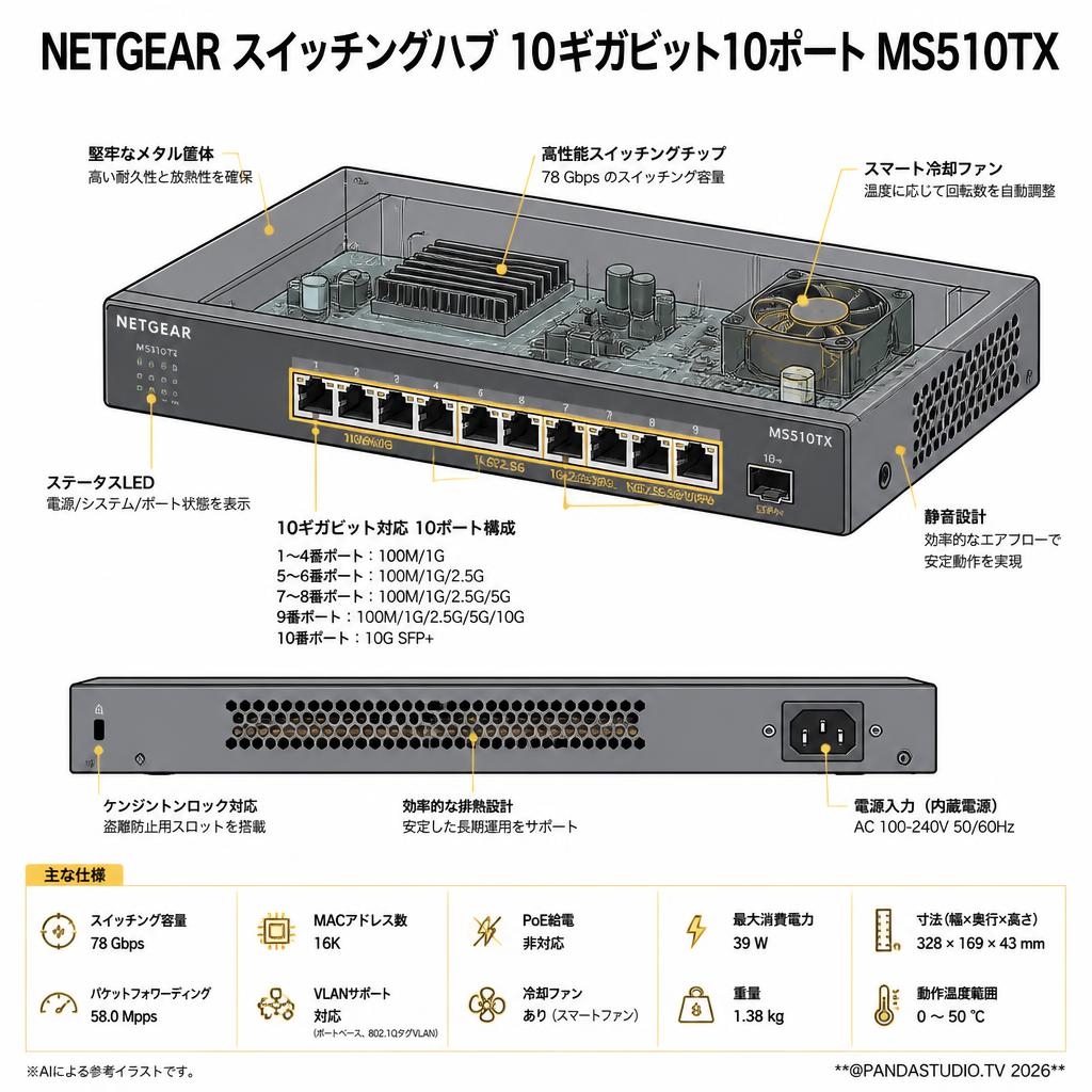 NETGEAR スイッチングハブ 10ギガビット10ポートMS510TX スペック