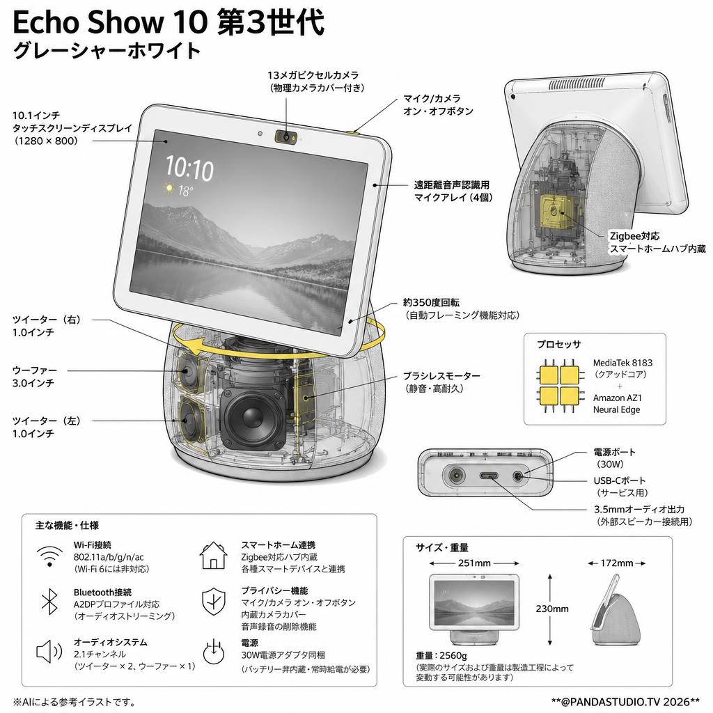 Echo Show 10 第3世代-Alexa グレーシャーホワイト スペック