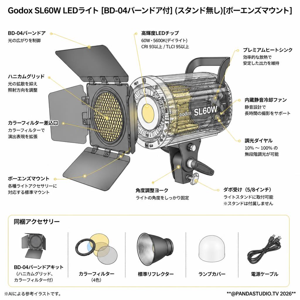 Godox SL60W LEDライト［BD-04バーンドア付］(スタンド無し)[ボーエンズマウント] スペック