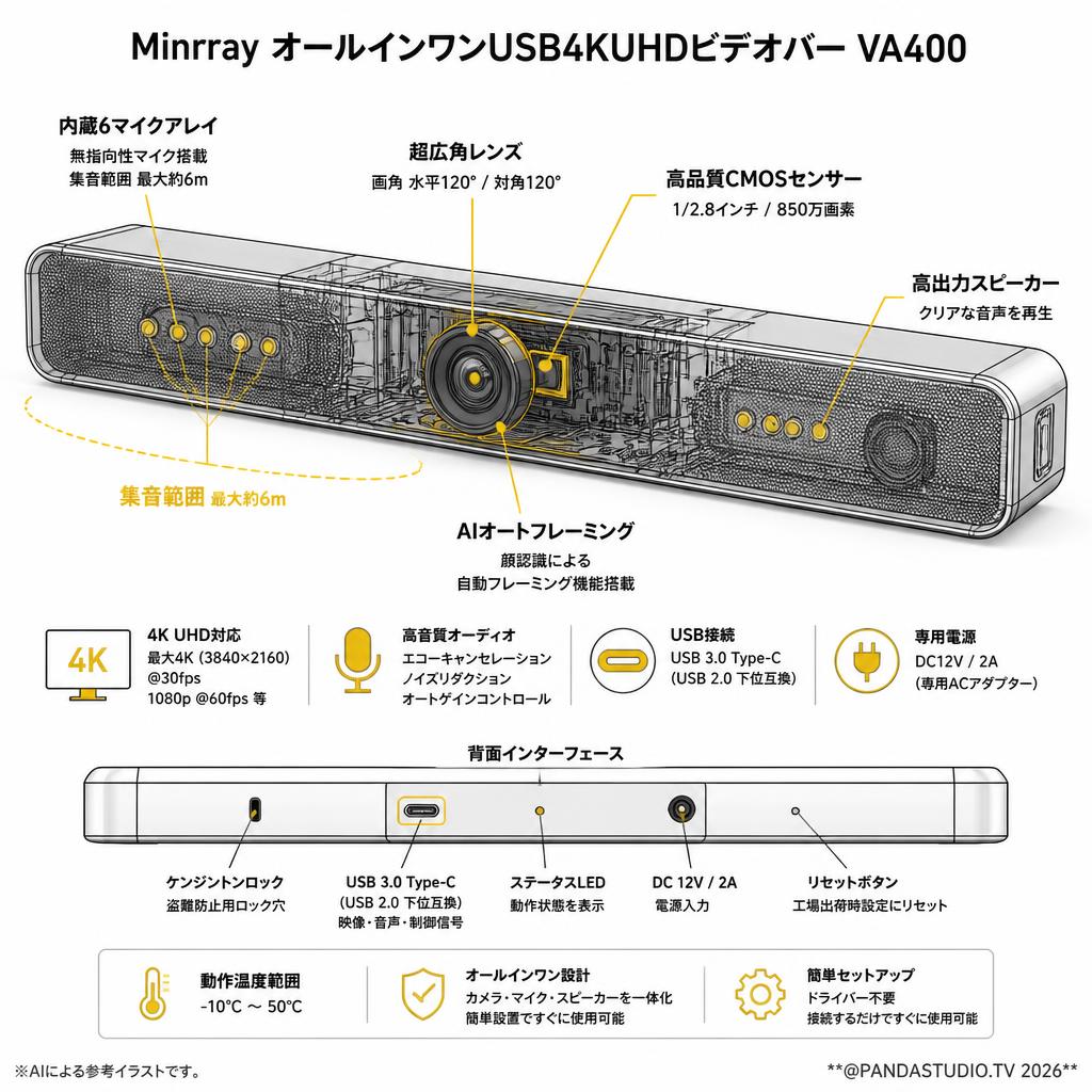 Minrray オールインワンUSB4KUHDビデオバーVA400 スペック