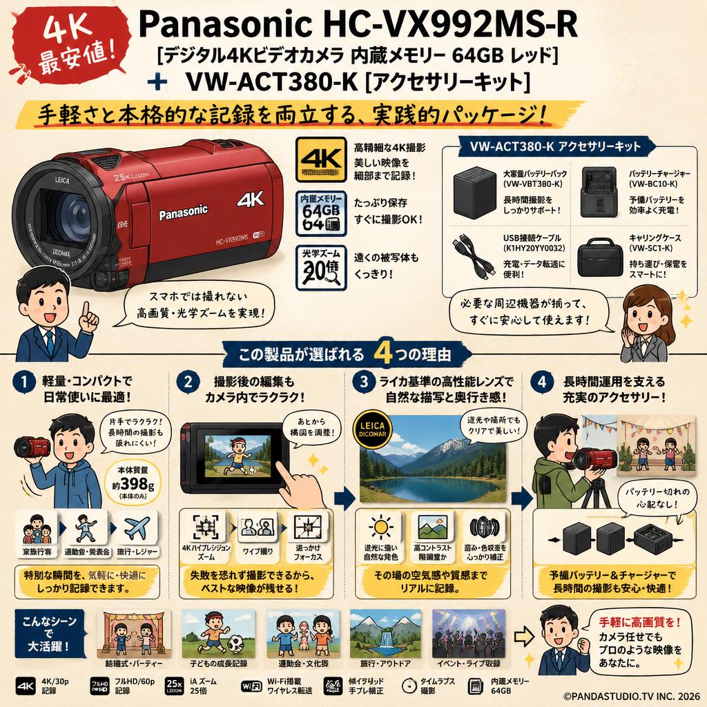 4K 最安値】Panasonic HC-VX992MS-R [デジタル4Kビデオカメラ 内蔵