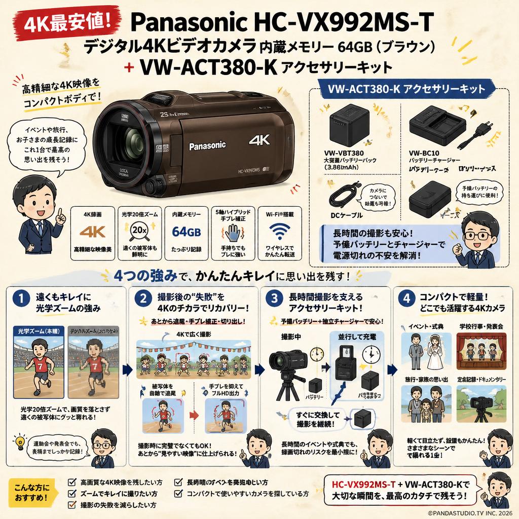 【4K 最安値】Panasonic HC-VX992MS-T [デジタル4Kビデオカメラ 内蔵メモリー 64GB ブラウン]＋ VW-ACT380-K [アクセサリーキット] 概要