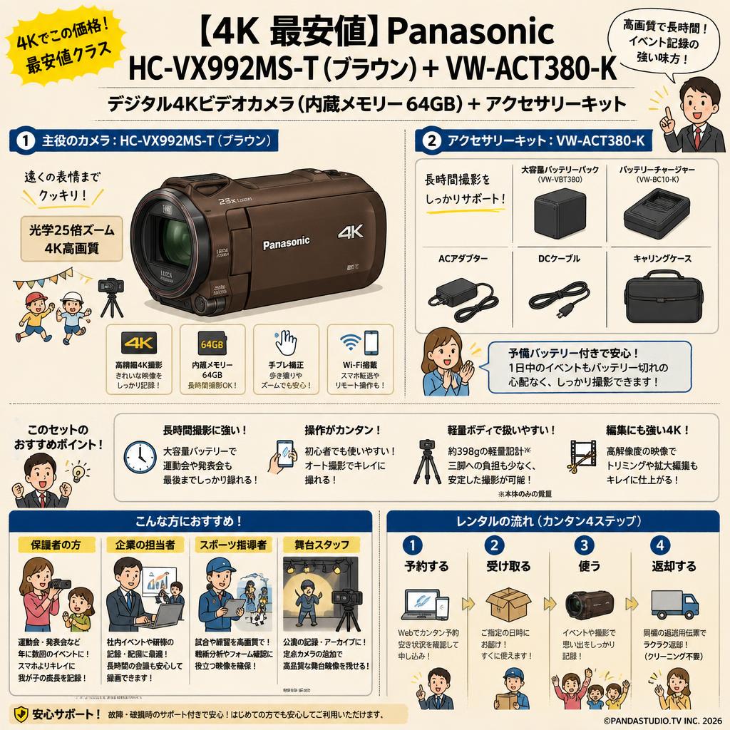 【4K 最安値】Panasonic HC-VX992MS-T [デジタル4Kビデオカメラ 内蔵メモリー 64GB ブラウン]＋ VW-ACT380-K [アクセサリーキット] おもな対象のお客様