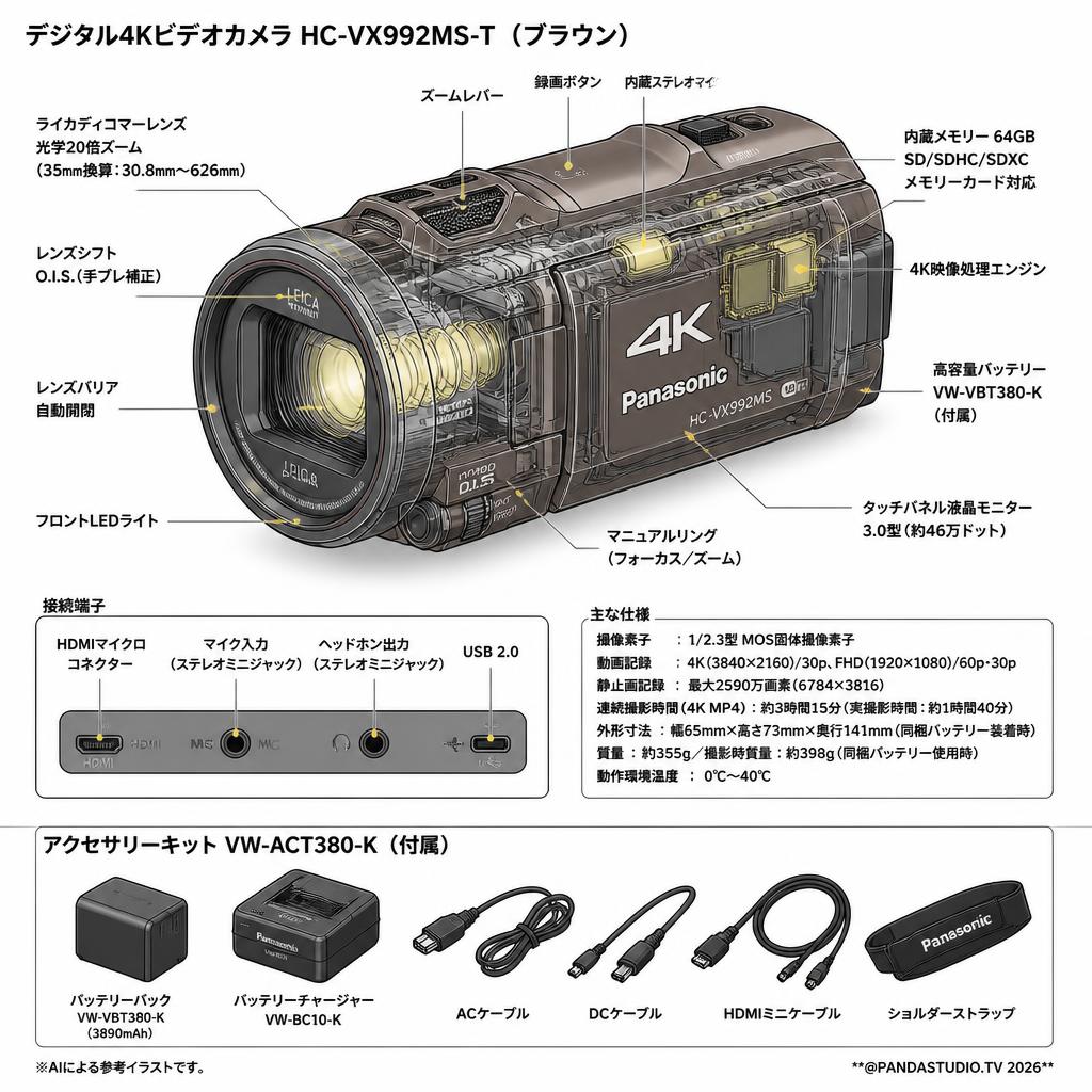 【4K 最安値】Panasonic HC-VX992MS-T [デジタル4Kビデオカメラ 内蔵メモリー 64GB ブラウン]＋ VW-ACT380-K [アクセサリーキット] スペック