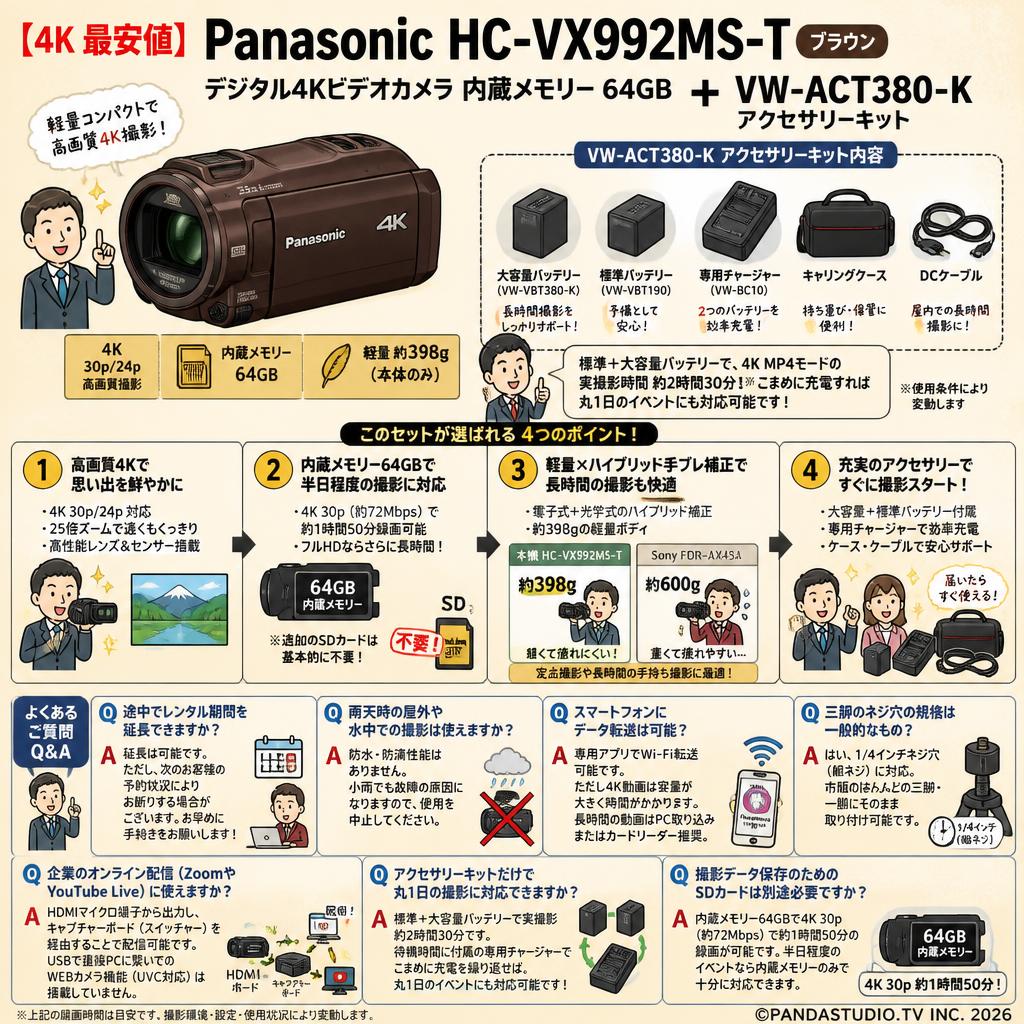 【4K 最安値】Panasonic HC-VX992MS-T [デジタル4Kビデオカメラ 内蔵メモリー 64GB ブラウン]＋ VW-ACT380-K [アクセサリーキット] FAQ（よくある質問と答え）