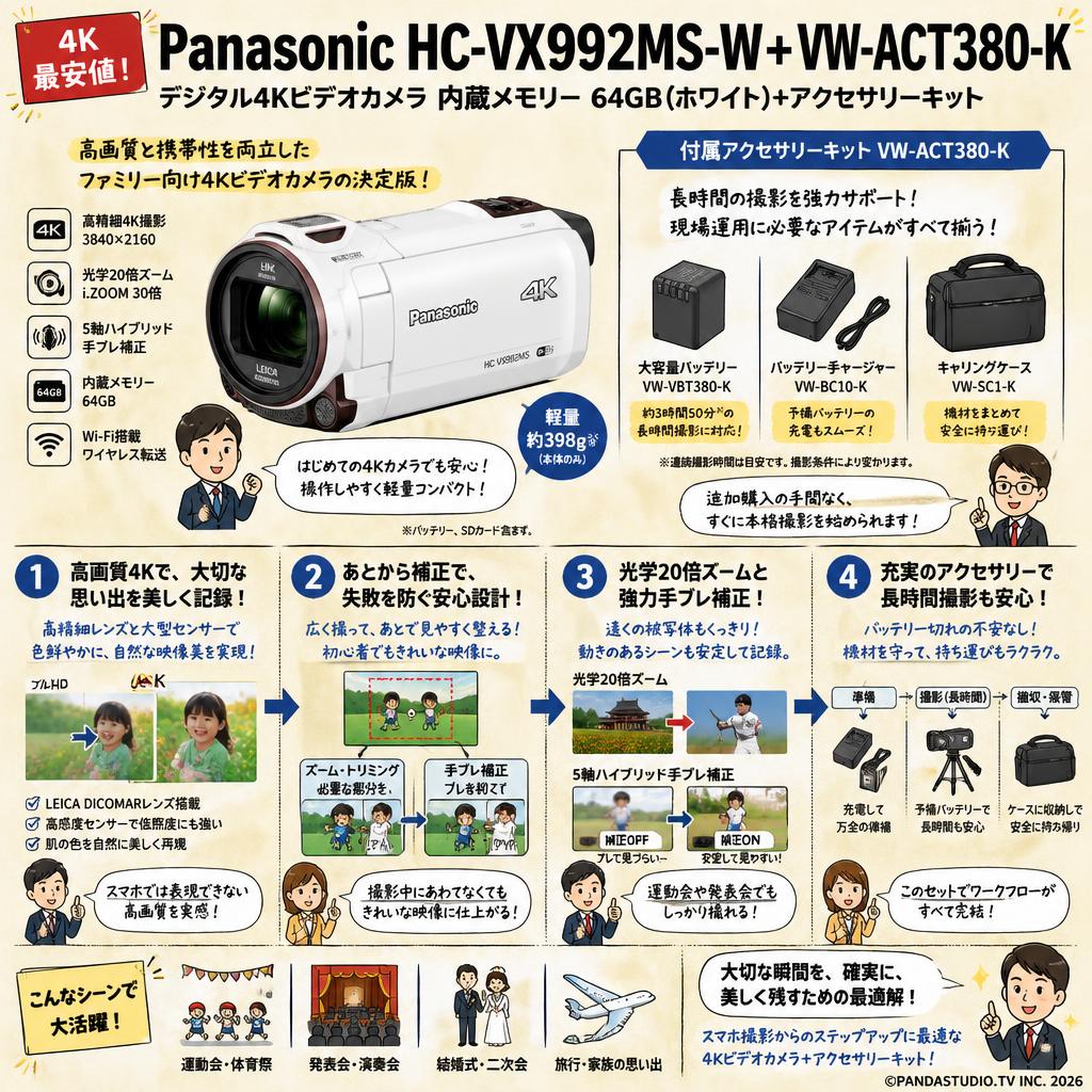 【4K 最安値】Panasonic HC-VX992MS-W [デジタル4Kビデオカメラ 内蔵メモリー 64GB ホワイト]＋ VW-ACT380-K [アクセサリーキット] 概要
