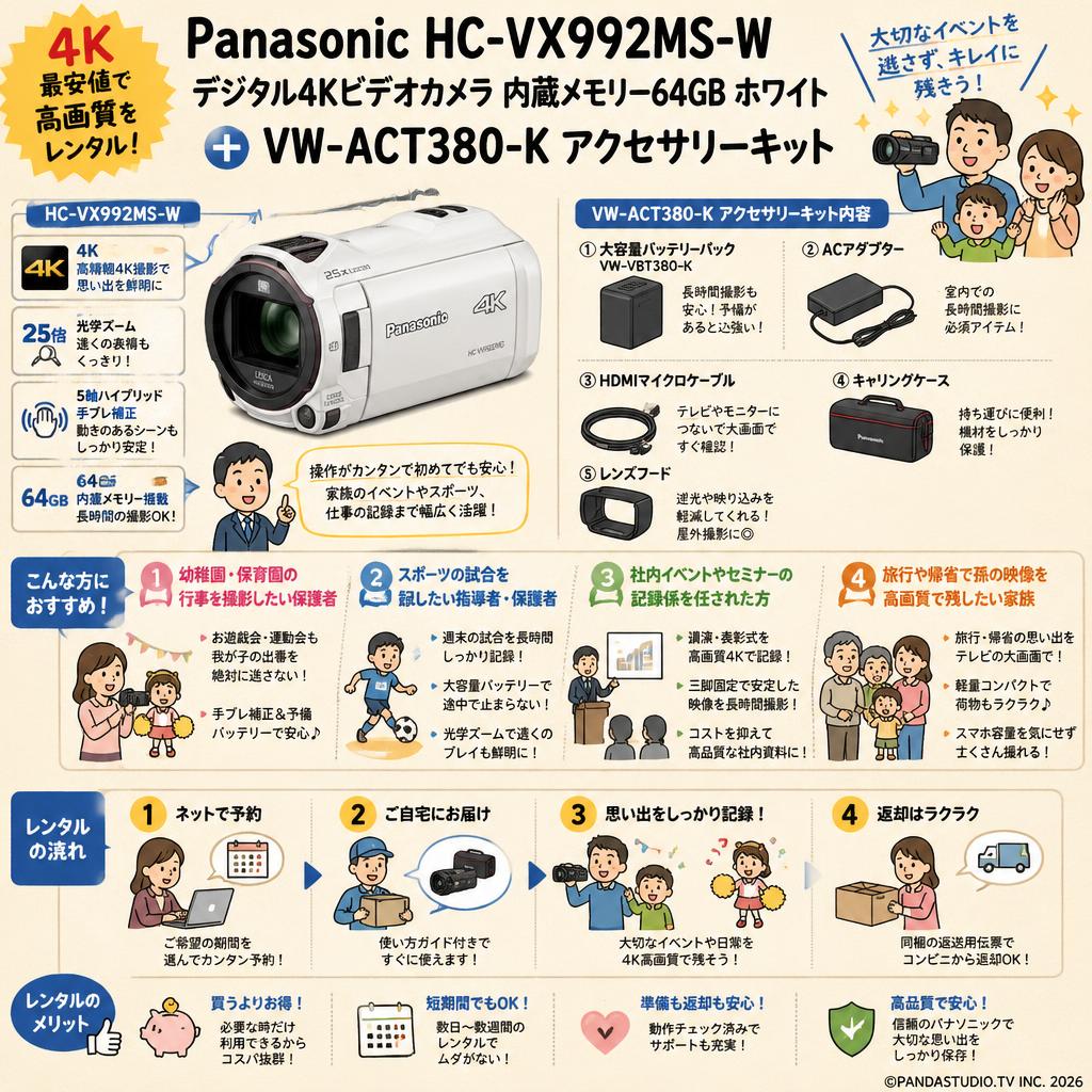 【4K 最安値】Panasonic HC-VX992MS-W [デジタル4Kビデオカメラ 内蔵メモリー 64GB ホワイト]＋ VW-ACT380-K [アクセサリーキット] おもな対象のお客様