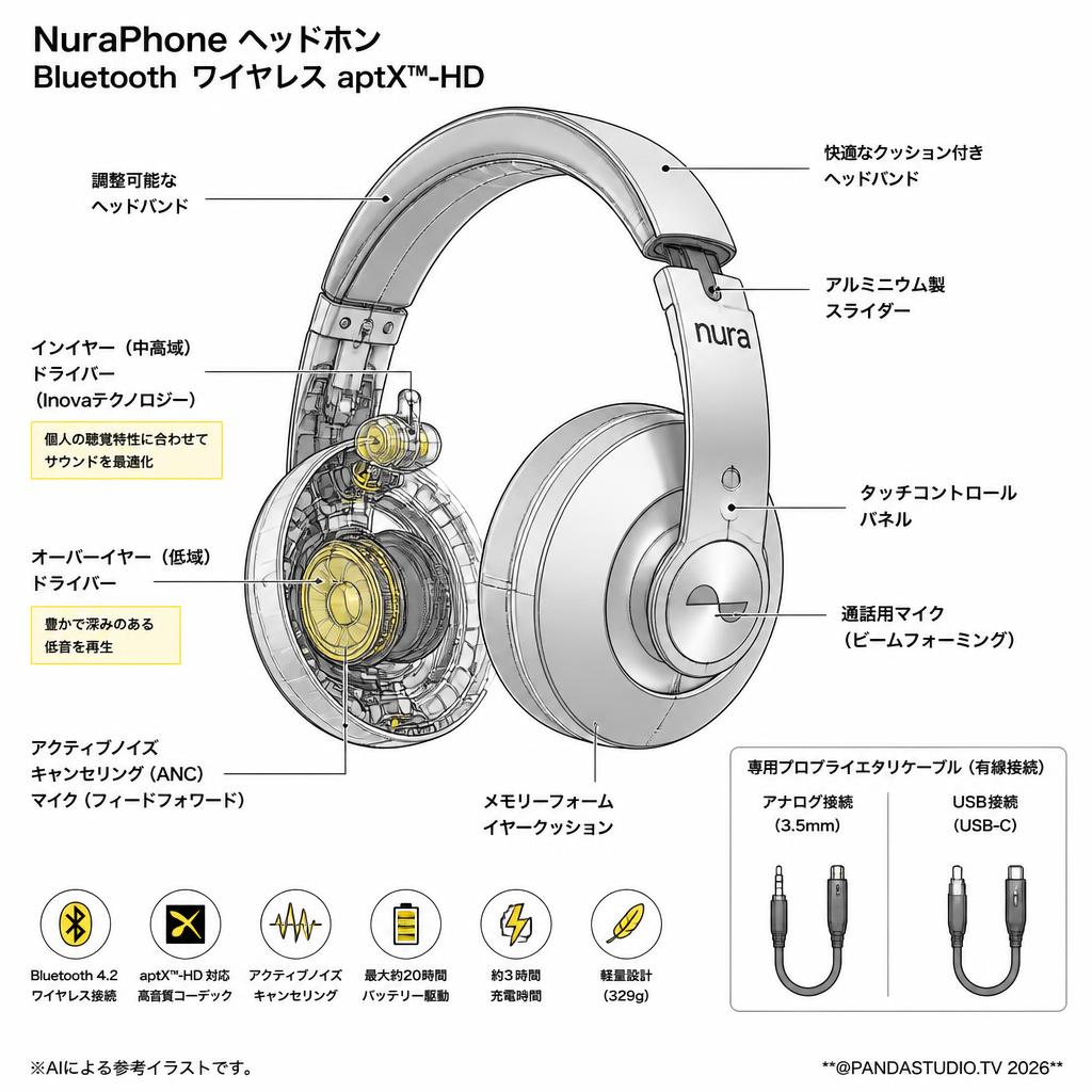 NuraPhone ヘッドホン Bluetooth ワイヤレス aptX™-HD スペック