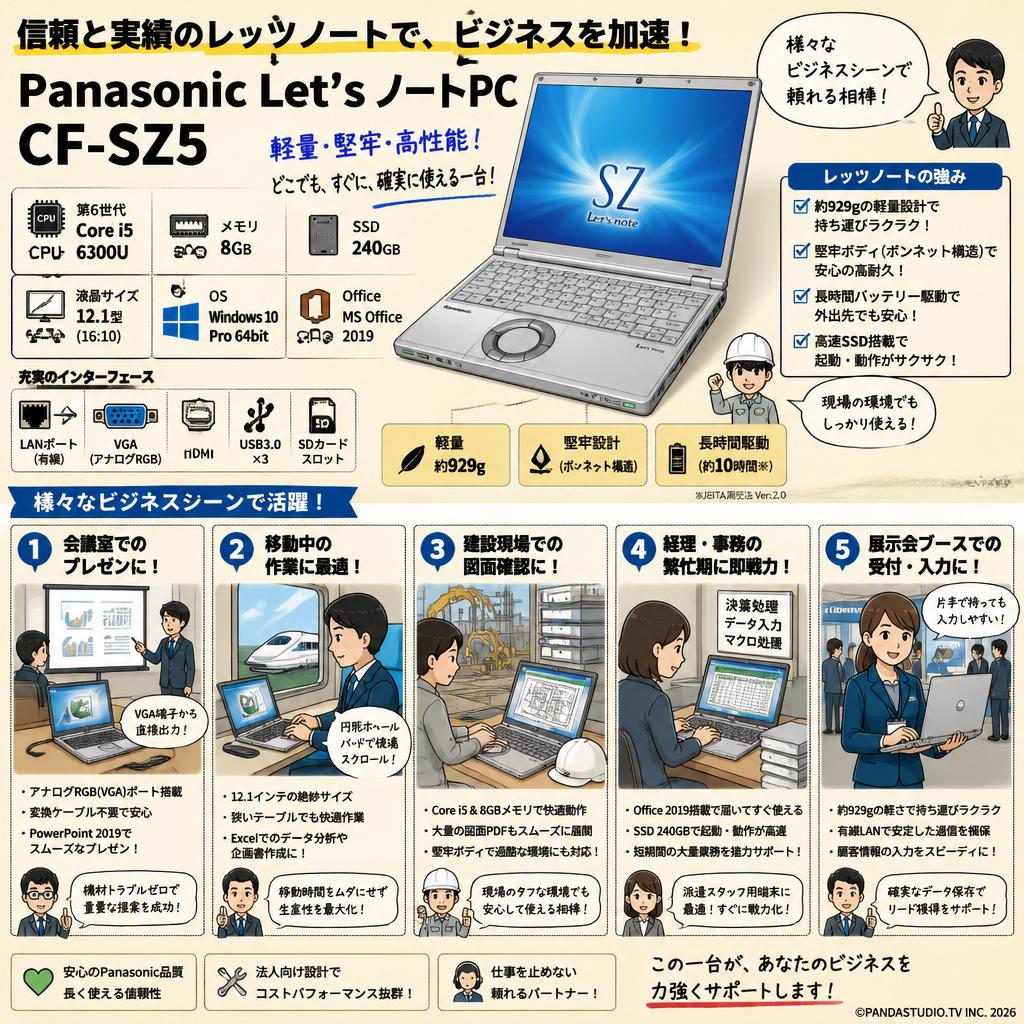 Panasonic Let’s ノートPC CF SZ5（Core i5-6300U 8GB SSD240GB 12.1インチ ) Windows10 ＋MS Office2019 用途