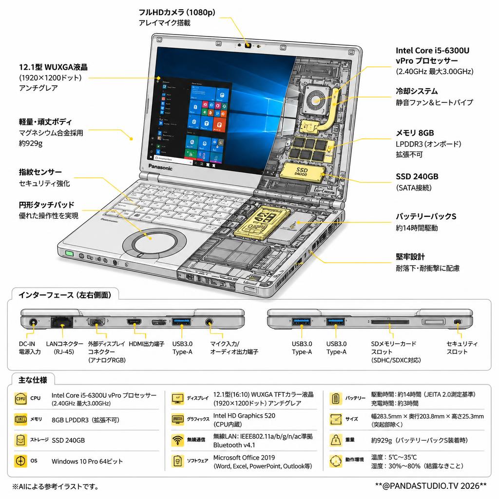 Panasonic Let’s ノートPC CF SZ5（Core i5-6300U 8GB SSD240GB 12.1インチ ) Windows10 ＋MS Office2019 スペック