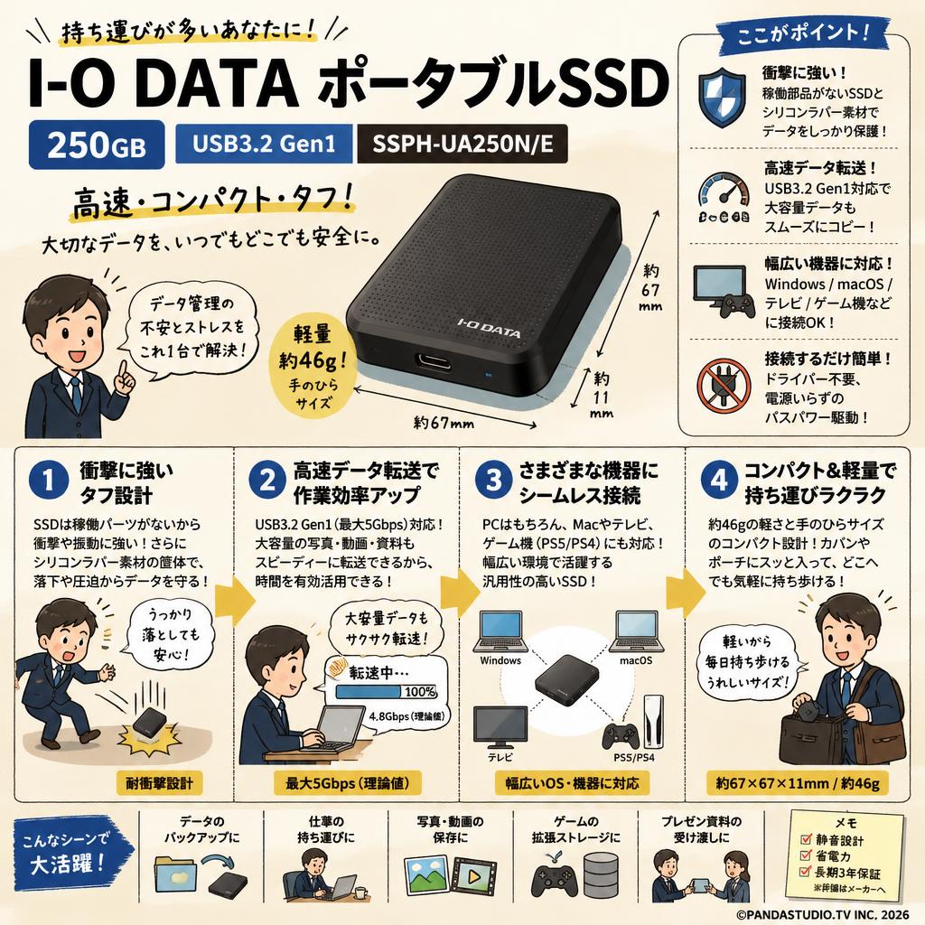 I-O DATA ポータブルSSD 250GB USB3.2 Gen1  SSPH-UA250N/E 概要