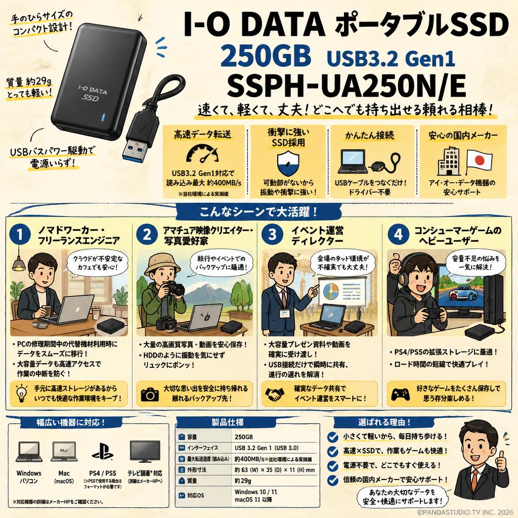 I-O DATA ポータブルSSD 250GB USB3.2 Gen1  SSPH-UA250N/E おもな対象のお客様